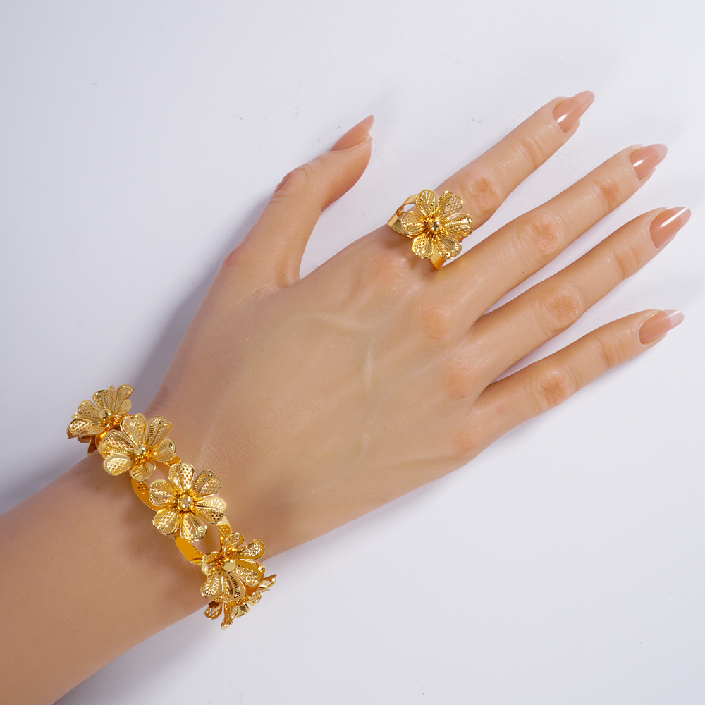 24k立体花朵大手镯戒指首饰套装女gold bracelet and ring set