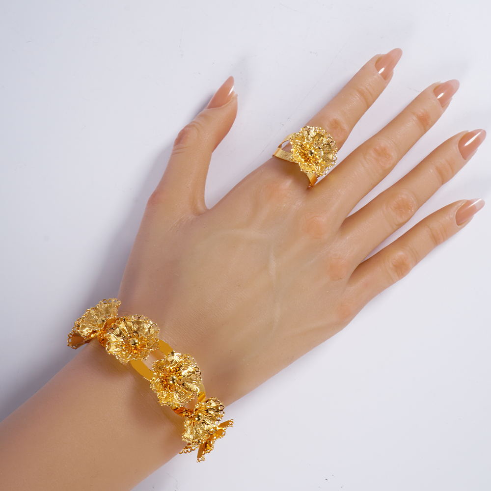 24k立体花朵大手镯戒指首饰套装女gold bracelet and ring set