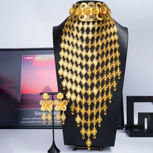 [B60739] 中东风24K镀金花朵流苏项链耳环套装新娘婚礼饰品