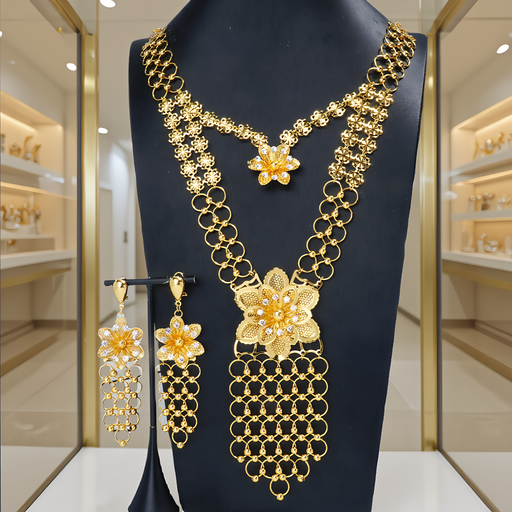 [B60725] 中东风24K镀金花朵项链耳环套装新娘婚礼奢华饰品金色流苏款