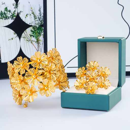 [A80001] 24k立体花朵大手镯戒指首饰套装女gold bracelet and ring set
