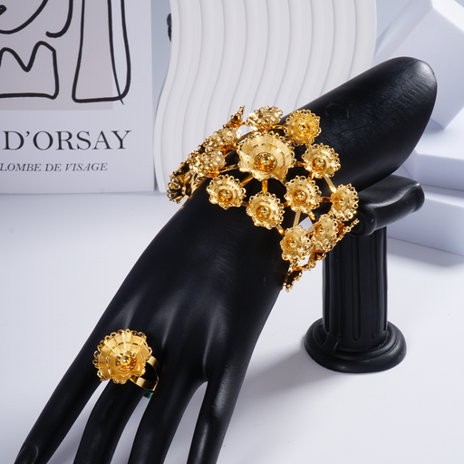 [A60274] 24k立体花朵大手镯戒指首饰套装女gold bracelet and ring set